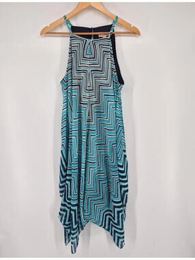 cb Sleeveless High Neck Handkerchief Hem Lined Dress Sz 12 Blue Geometric Print